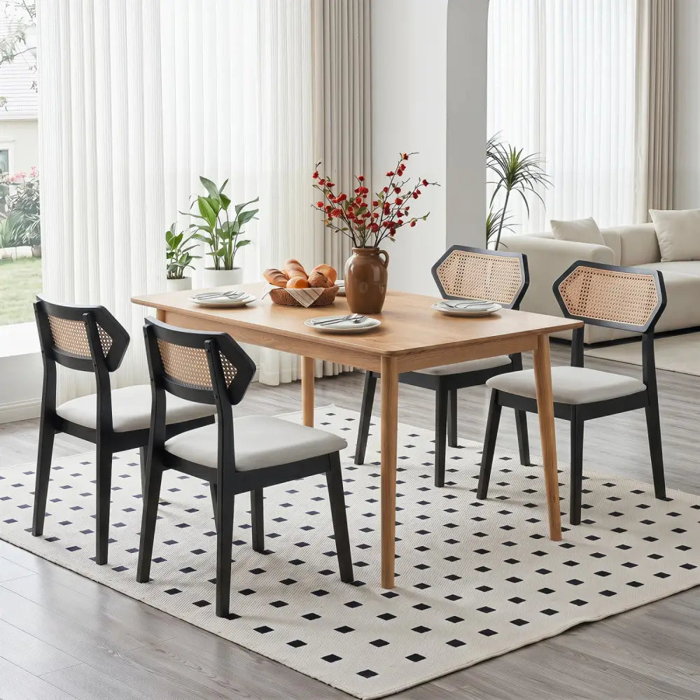 Mid Century Rattan Dining Chairs Set of 2 with Rattan Back and Solid Wood Frame-Black - Black - Dining Chairs