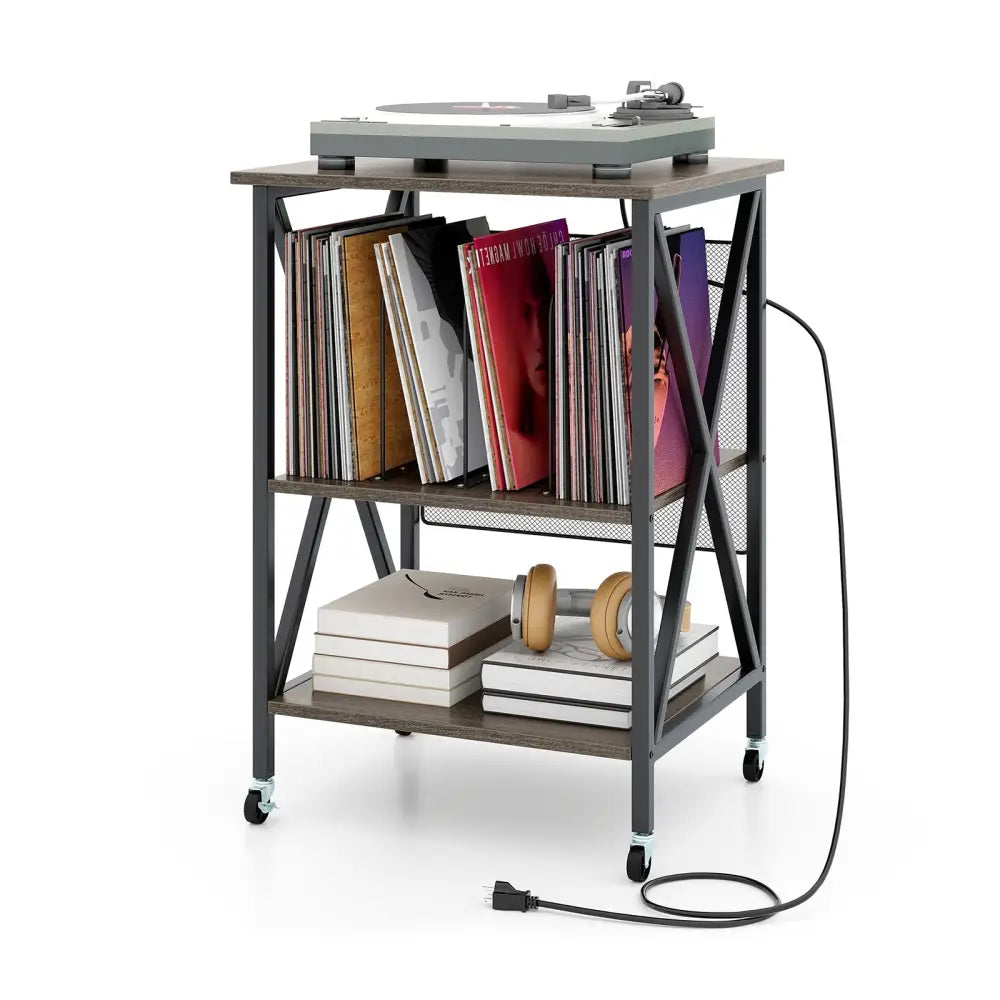 Mid-Century Record Player Stand with Built-in Charging Station-Gray - Gray - End & Side Tables