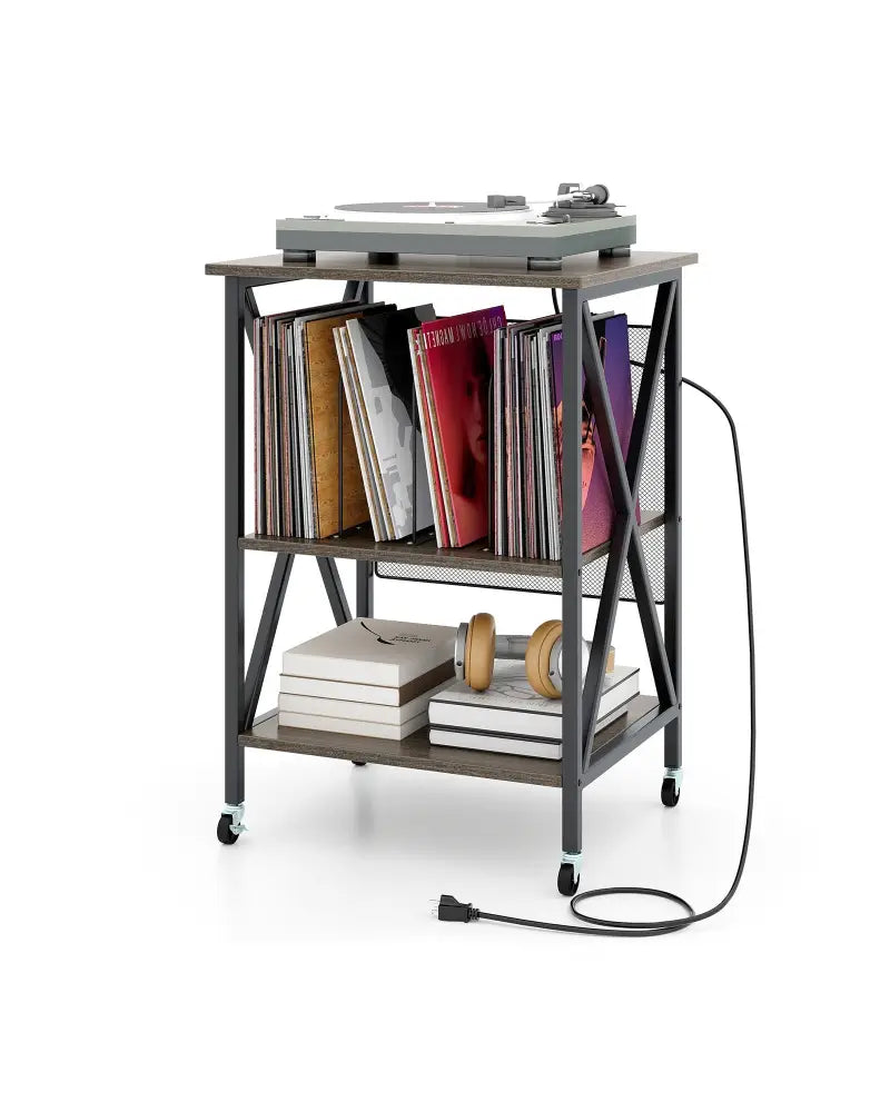 Mid-Century Record Player Stand with Built-in Charging Station-Gray - Gray - End & Side Tables