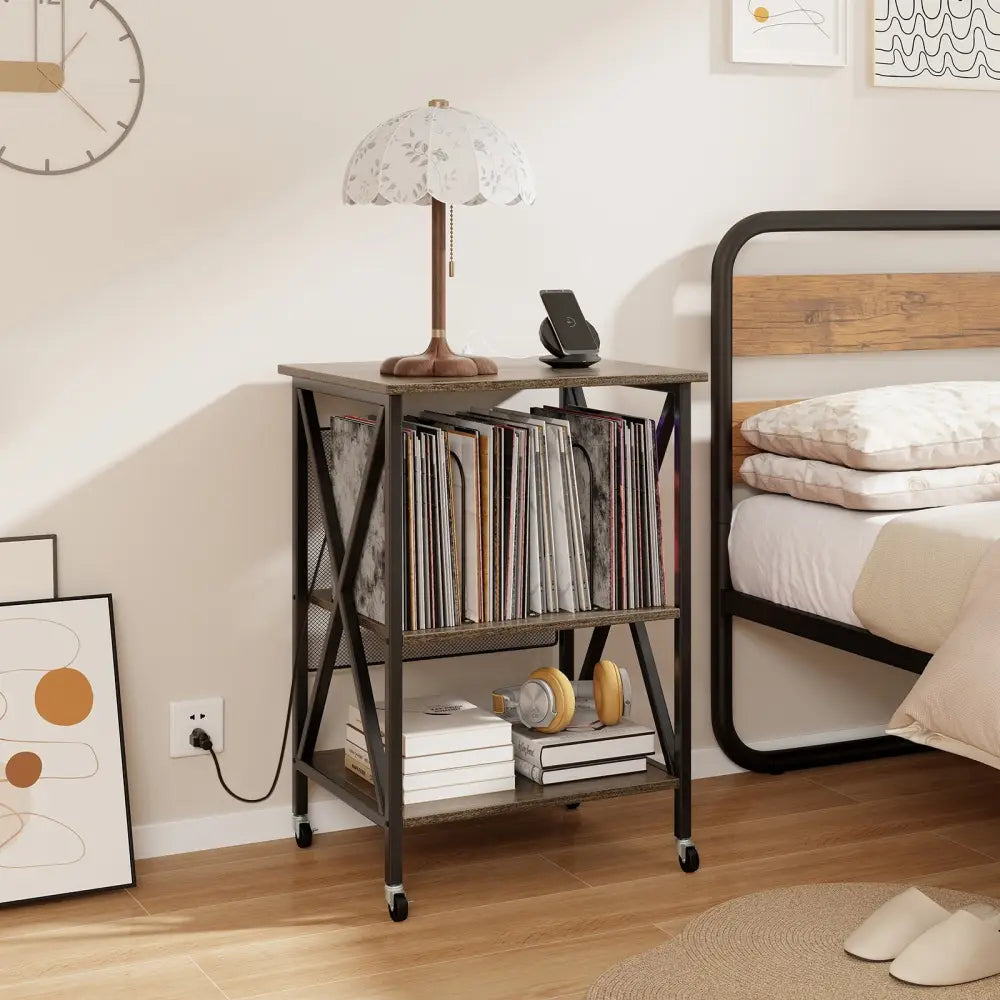 Mid-Century Record Player Stand with Built-in Charging Station-Gray - Gray - End & Side Tables