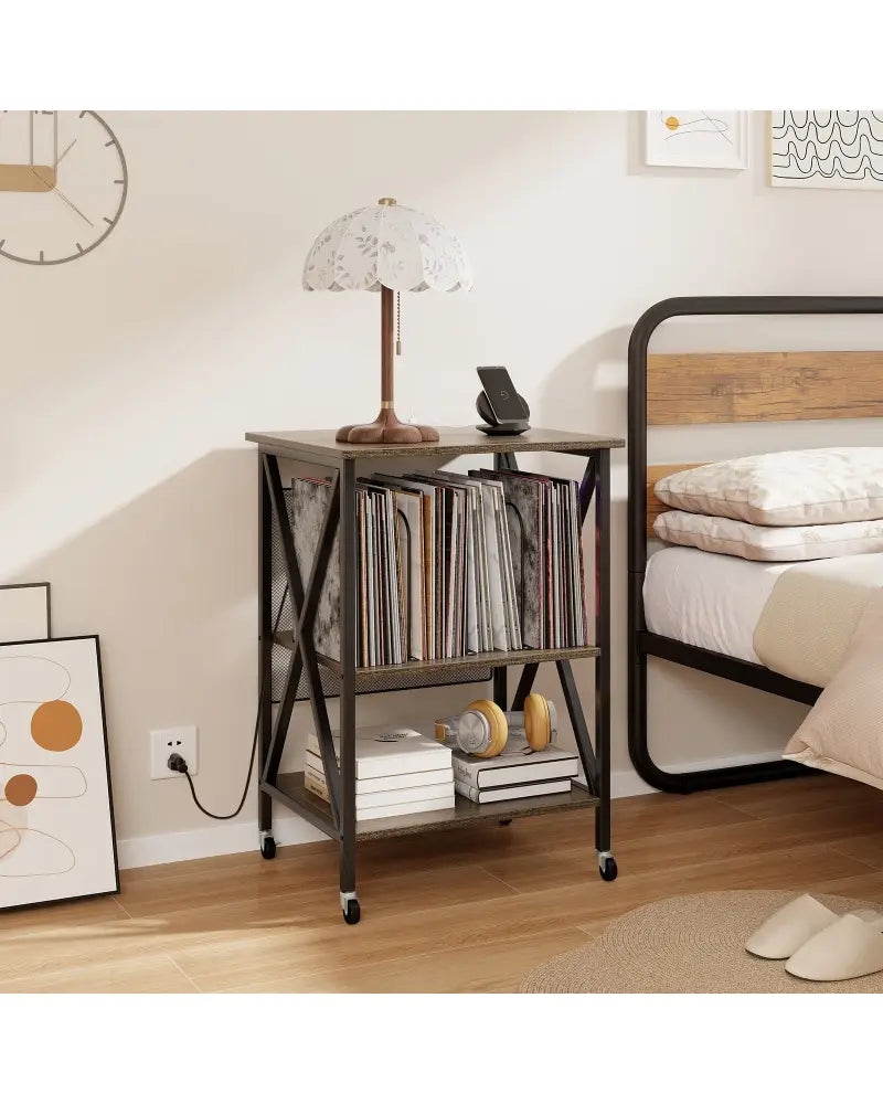 Mid-Century Record Player Stand with Built-in Charging Station-Gray - Gray - End & Side Tables