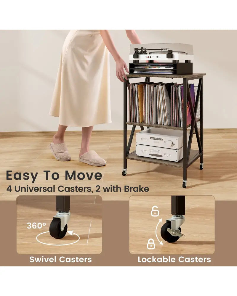 Mid-Century Record Player Stand with Built-in Charging Station-Gray - Gray - End & Side Tables