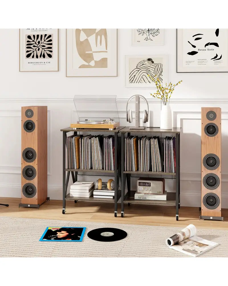 Mid-Century Record Player Stand with Built-in Charging Station-Gray - Gray - End & Side Tables