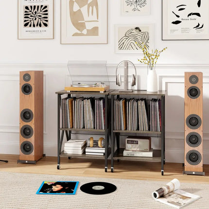 Mid-Century Record Player Stand with Built-in Charging Station-Gray - Gray - End & Side Tables