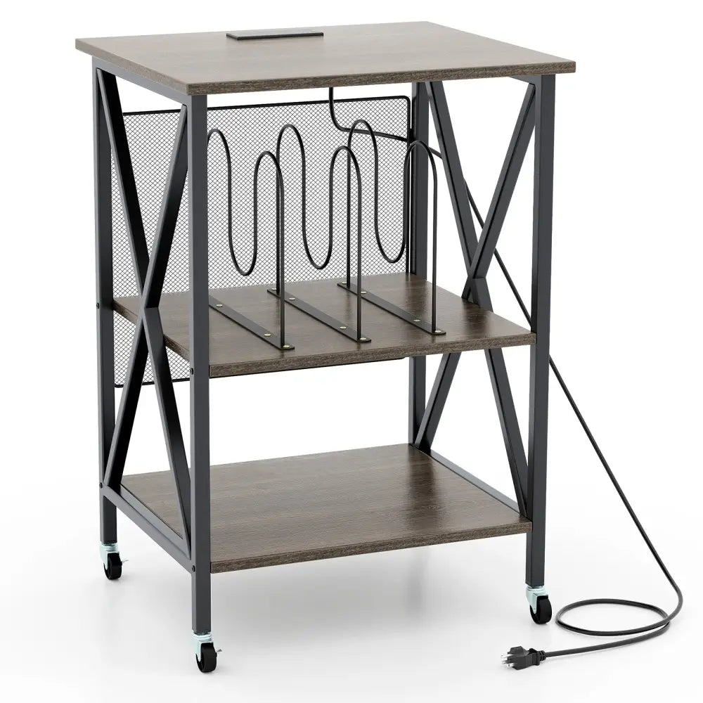 Mid-Century Record Player Stand with Built-in Charging Station-Gray - Gray - End & Side Tables