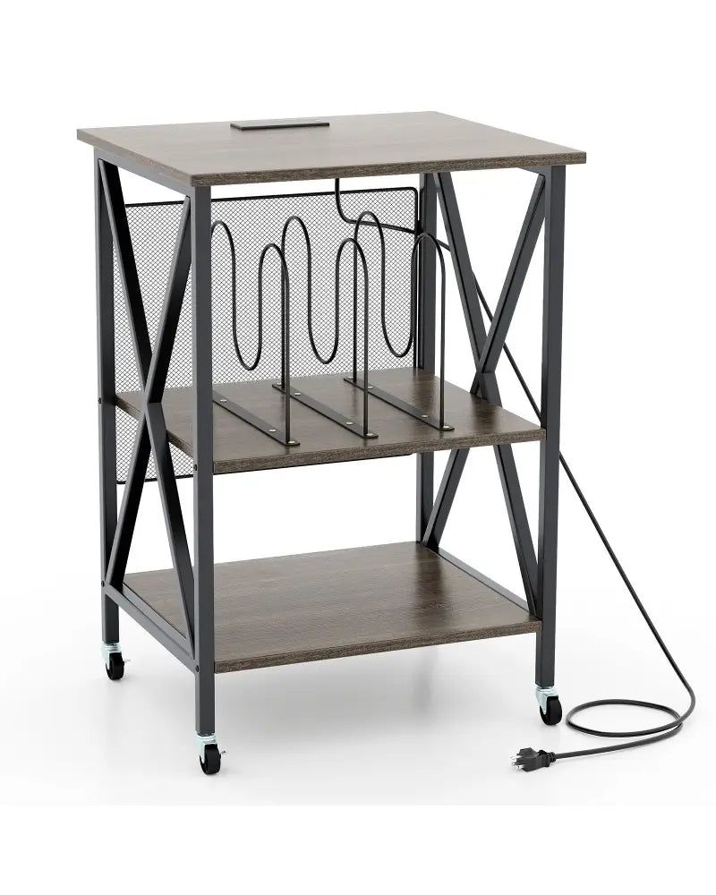 Mid-Century Record Player Stand with Built-in Charging Station-Gray - Gray - End & Side Tables