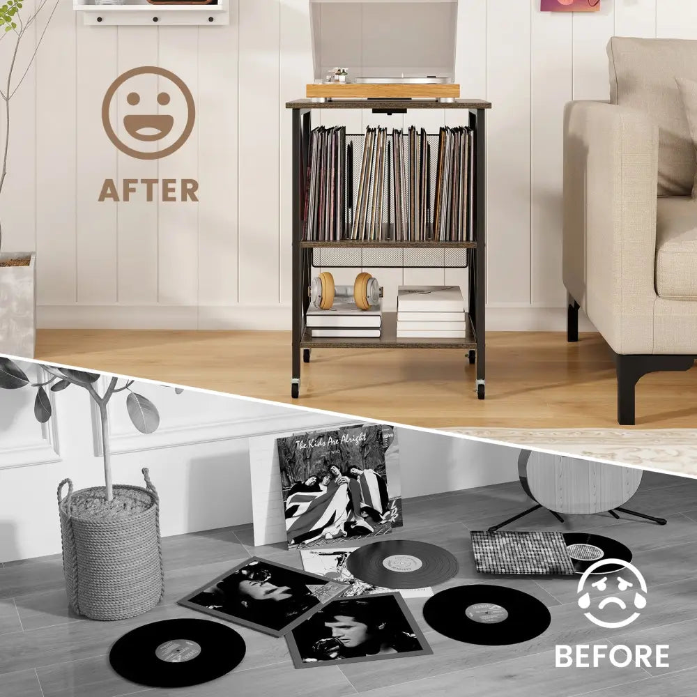 Mid-Century Record Player Stand with Built-in Charging Station-Gray - Gray - End & Side Tables