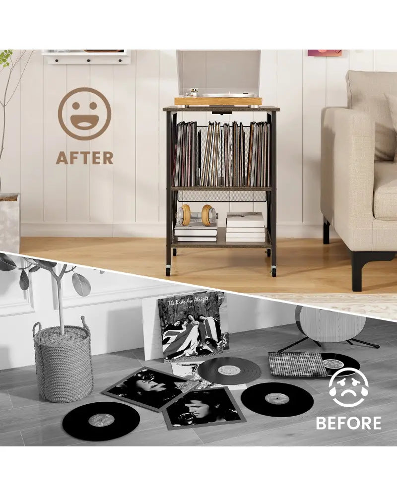 Mid-Century Record Player Stand with Built-in Charging Station-Gray - Gray - End & Side Tables