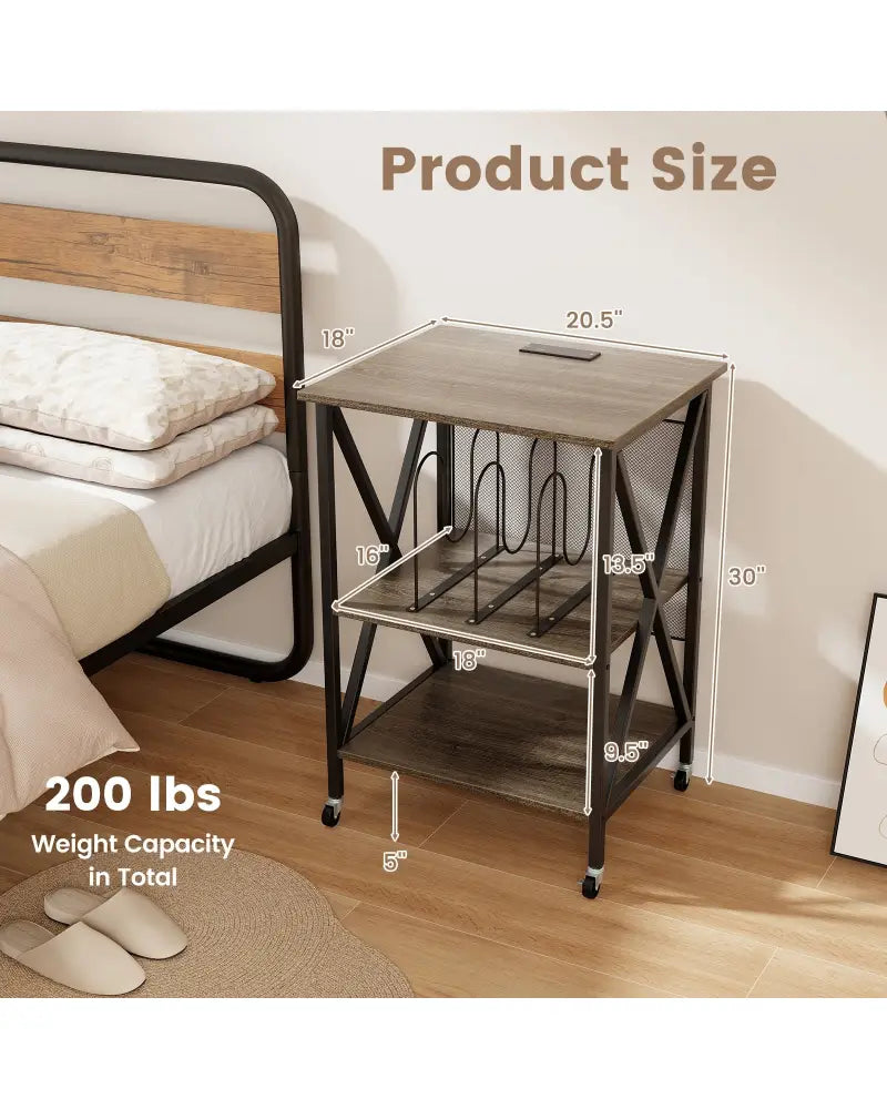 Mid-Century Record Player Stand with Built-in Charging Station-Gray - Gray - End & Side Tables
