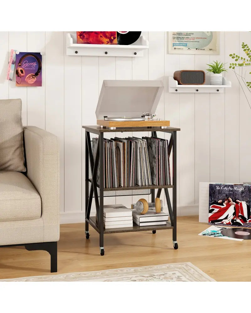 Mid-Century Record Player Stand with Built-in Charging Station-Gray - Gray - End & Side Tables