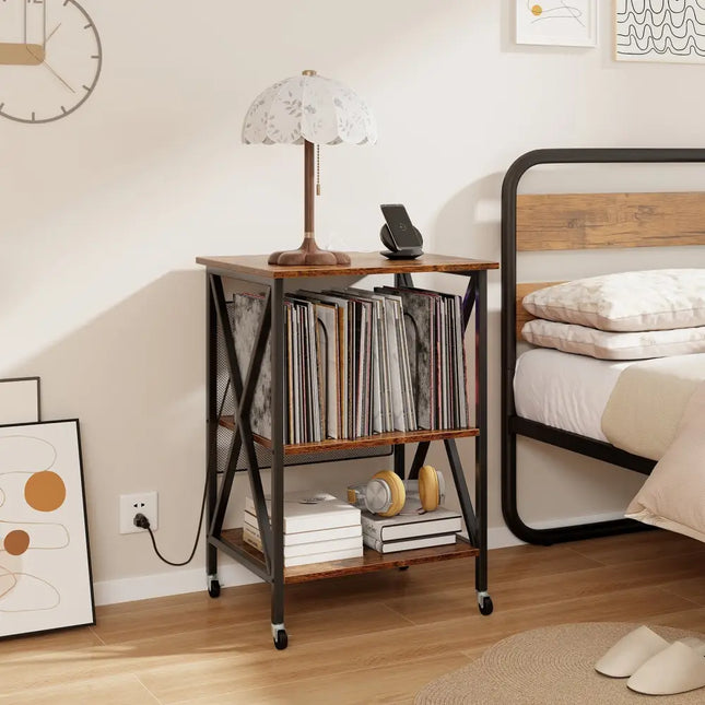 Mid-Century Record Player Stand with Built-in Charging Station-Rustic Brown - Rustic Brown - End & Side Tables