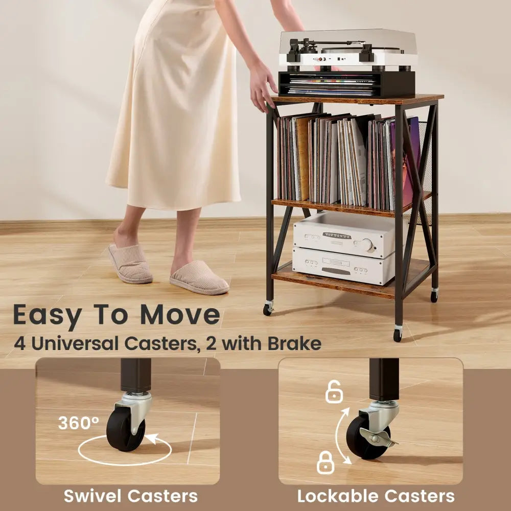 Mid-Century Record Player Stand with Built-in Charging Station-Rustic Brown - Rustic Brown - End & Side Tables