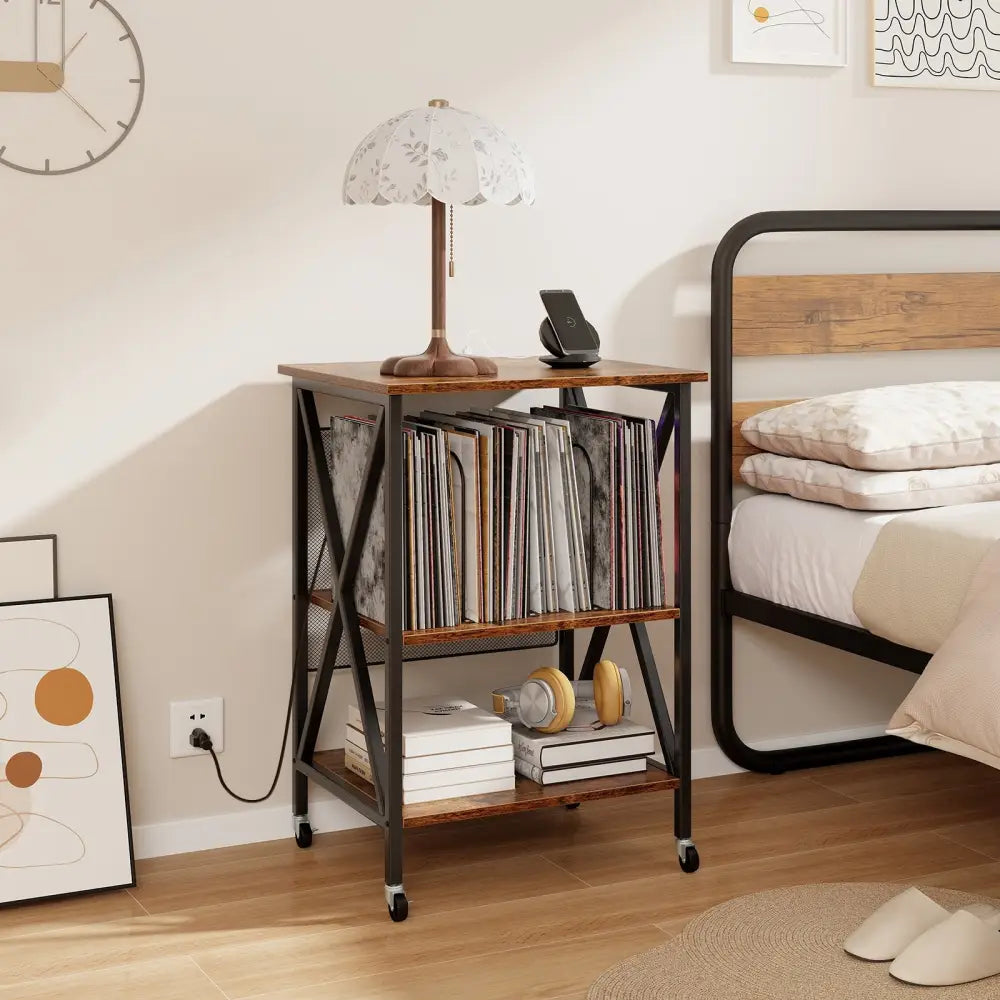 Mid-Century Record Player Stand with Built-in Charging Station-Rustic Brown - Rustic Brown - End & Side Tables