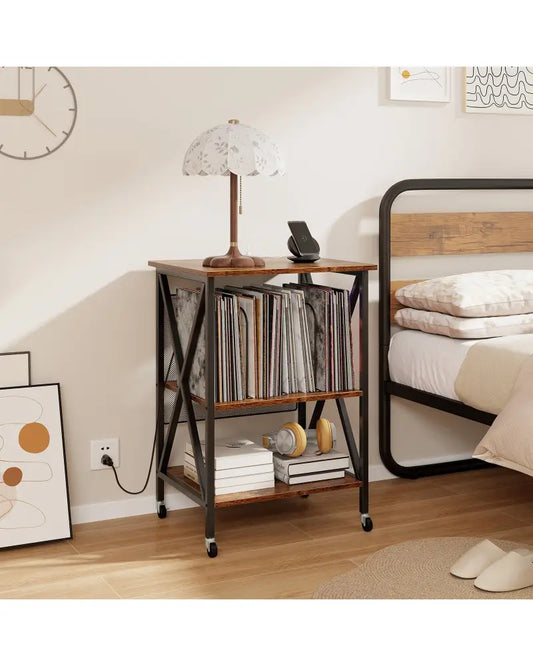 Mid-Century Record Player Stand with Built-in Charging Station-Rustic Brown - Rustic Brown - End & Side Tables