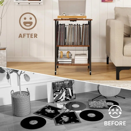 Mid-Century Record Player Stand with Built-in Charging Station-Rustic Brown - Rustic Brown - End & Side Tables
