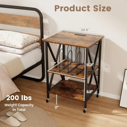 Mid-Century Record Player Stand with Built-in Charging Station-Rustic Brown - Rustic Brown - End & Side Tables