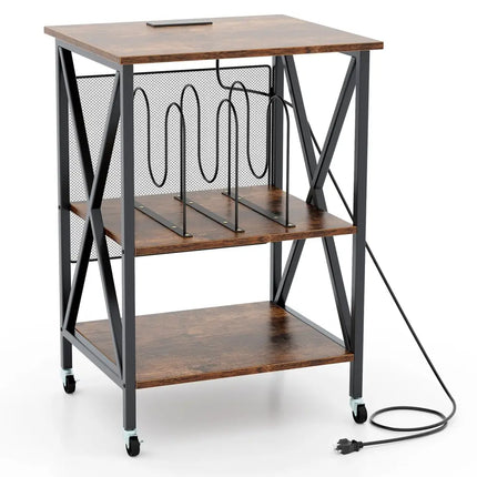 Mid-Century Record Player Stand with Built-in Charging Station-Rustic Brown - Rustic Brown - End & Side Tables