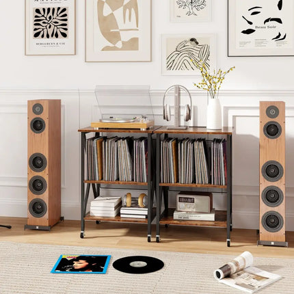 Mid-Century Record Player Stand with Built-in Charging Station-Rustic Brown - Rustic Brown - End & Side Tables