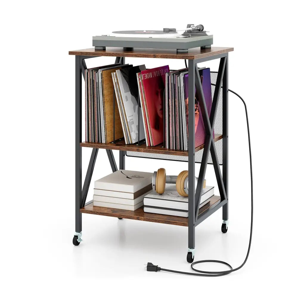 Mid-Century Record Player Stand with Built-in Charging Station-Rustic Brown - Rustic Brown - End & Side Tables