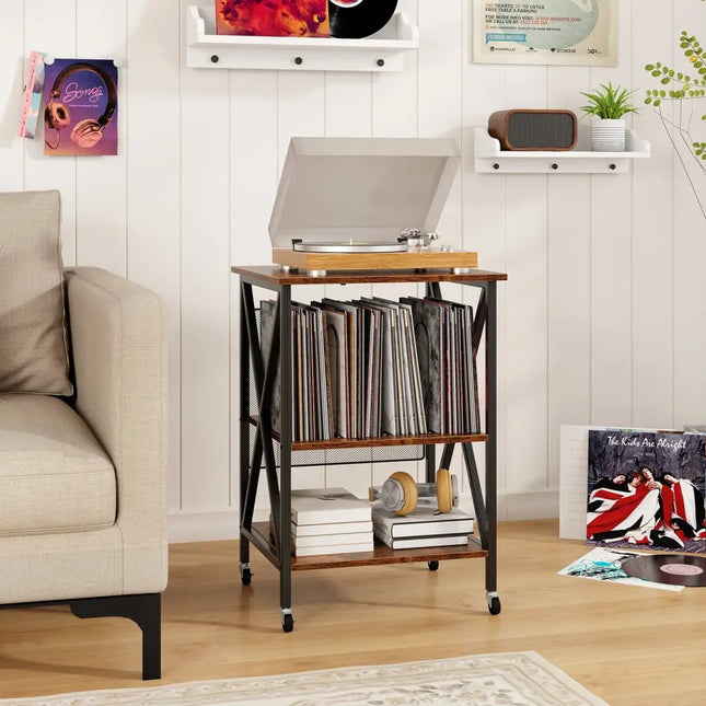 Mid-Century Record Player Stand with Built-in Charging Station-Rustic Brown - Rustic Brown - End & Side Tables