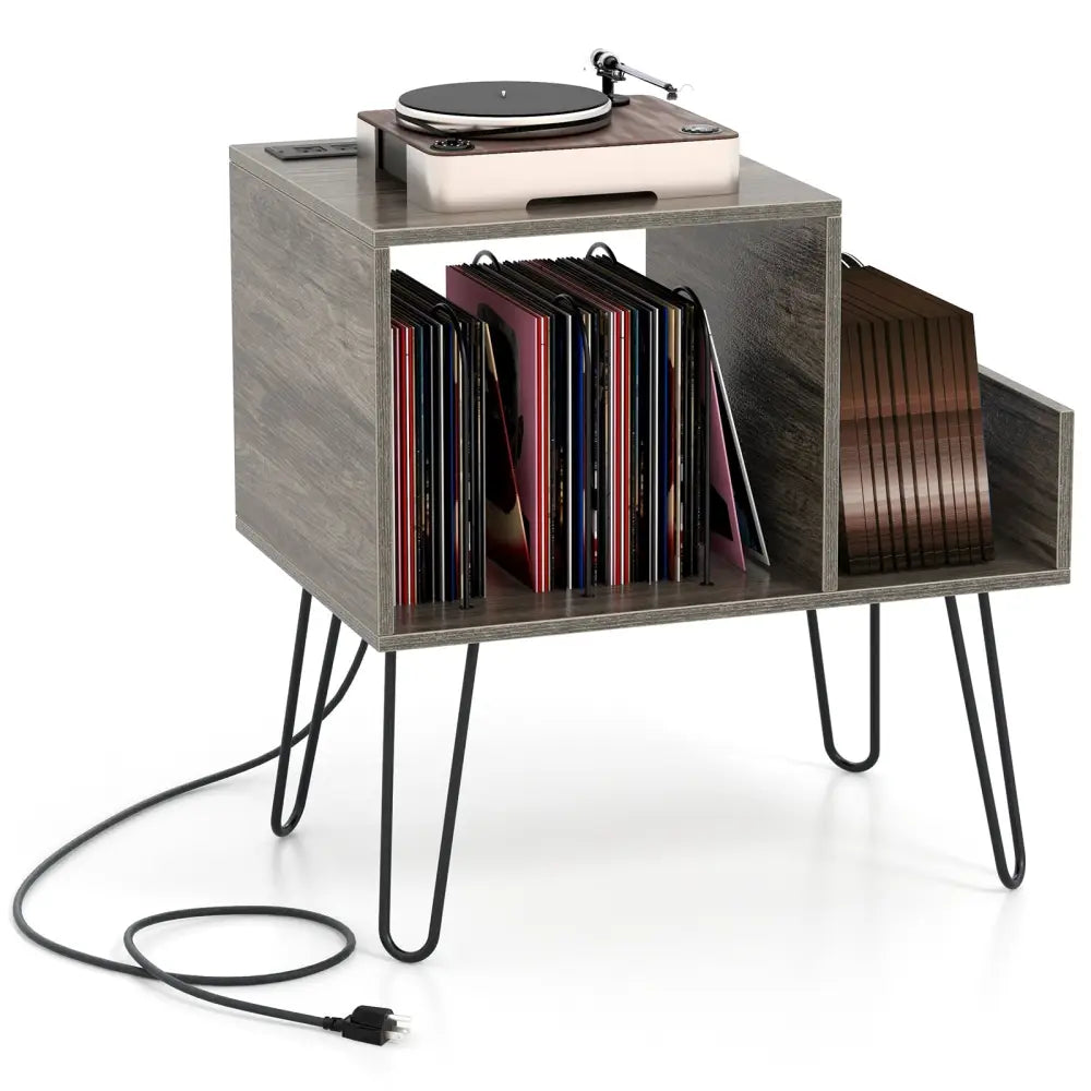 Mid-century Record Player Stand with Power Outlet and Vinyl Divider-Gray - Gray - End & Side Tables