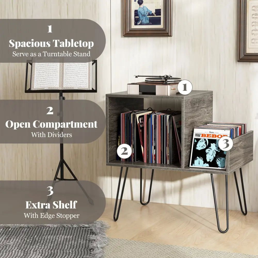 Mid-century Record Player Stand with Power Outlet and Vinyl Divider-Gray - Gray - End & Side Tables
