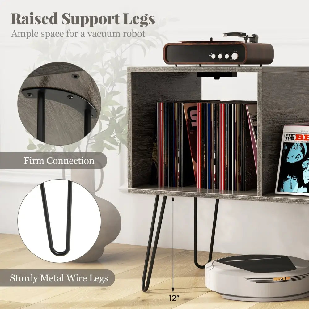 Mid-century Record Player Stand with Power Outlet and Vinyl Divider-Gray - Gray - End & Side Tables
