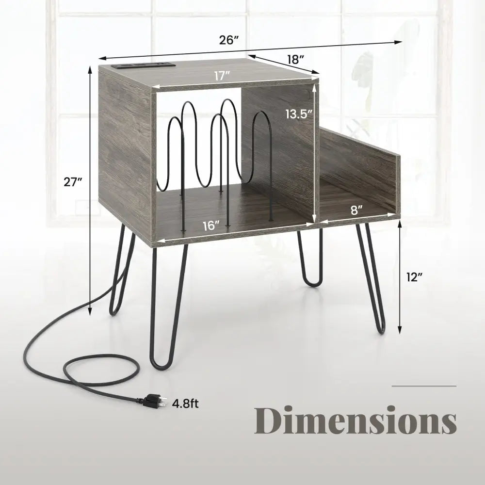 Mid-century Record Player Stand with Power Outlet and Vinyl Divider-Gray - Gray - End & Side Tables