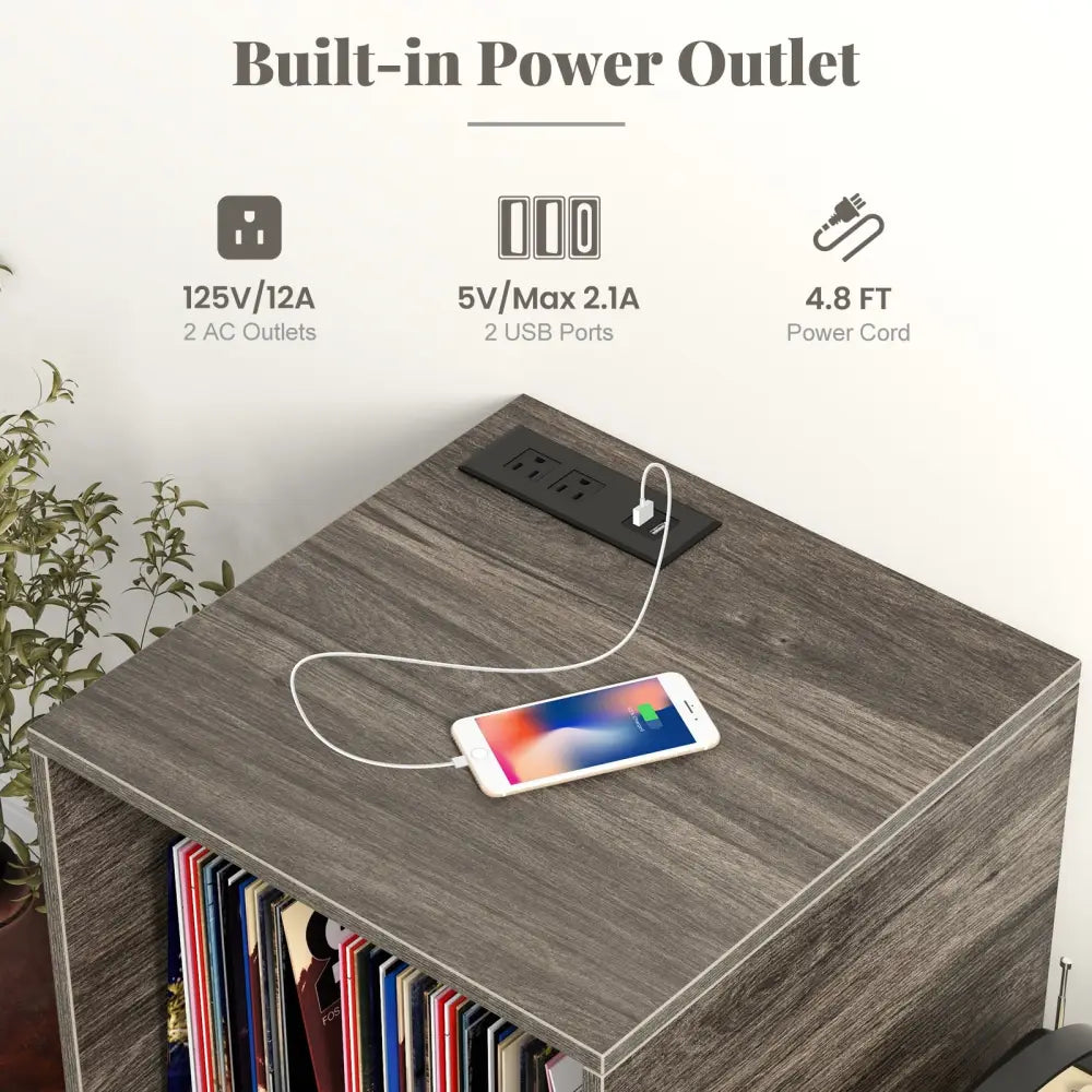 Mid-century Record Player Stand with Power Outlet and Vinyl Divider-Gray - Gray - End & Side Tables