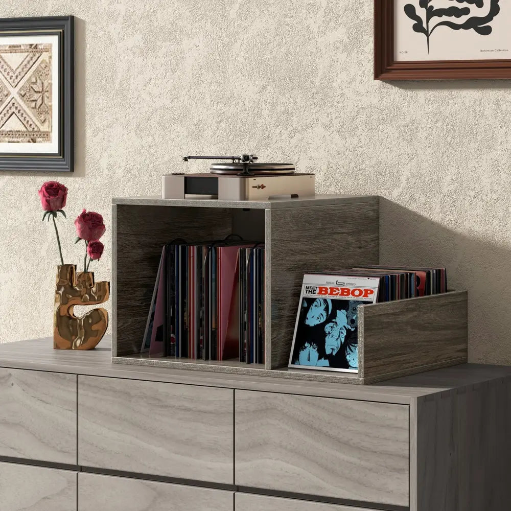 Mid-century Record Player Stand with Power Outlet and Vinyl Divider-Gray - Gray - End & Side Tables