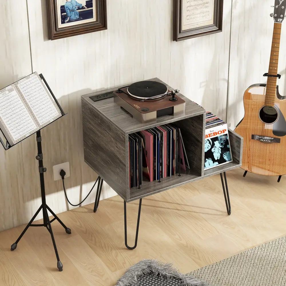 Mid-century Record Player Stand with Power Outlet and Vinyl Divider-Gray - Gray - End & Side Tables