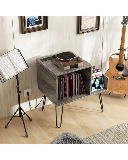 Mid-century Record Player Stand with Power Outlet and Vinyl Divider-Gray - Gray - End & Side Tables