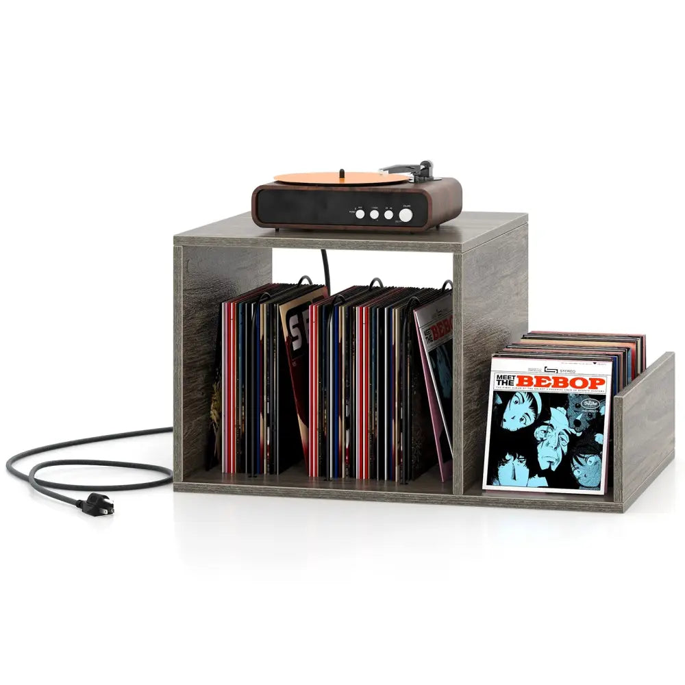 Mid-century Record Player Stand with Power Outlet and Vinyl Divider-Gray - Gray - End & Side Tables