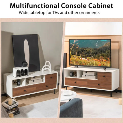 Mid-Century TV Stand for 50-inch TVs with 2 Cubbies and 3 Drawers - Brown & White - Entertainment Centers & TV Stands