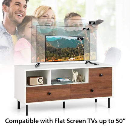 Mid-Century TV Stand for 50-inch TVs with 2 Cubbies and 3 Drawers - Brown & White - Entertainment Centers & TV Stands
