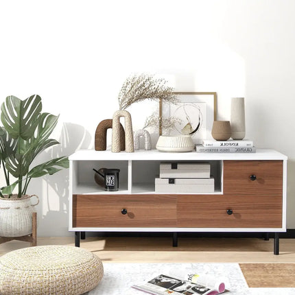 Mid-Century TV Stand for 50-inch TVs with 2 Cubbies and 3 Drawers - Brown & White - Entertainment Centers & TV Stands