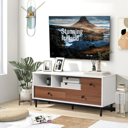 Mid-Century TV Stand for 50-inch TVs with 2 Cubbies and 3 Drawers - Brown & White - Entertainment Centers & TV Stands