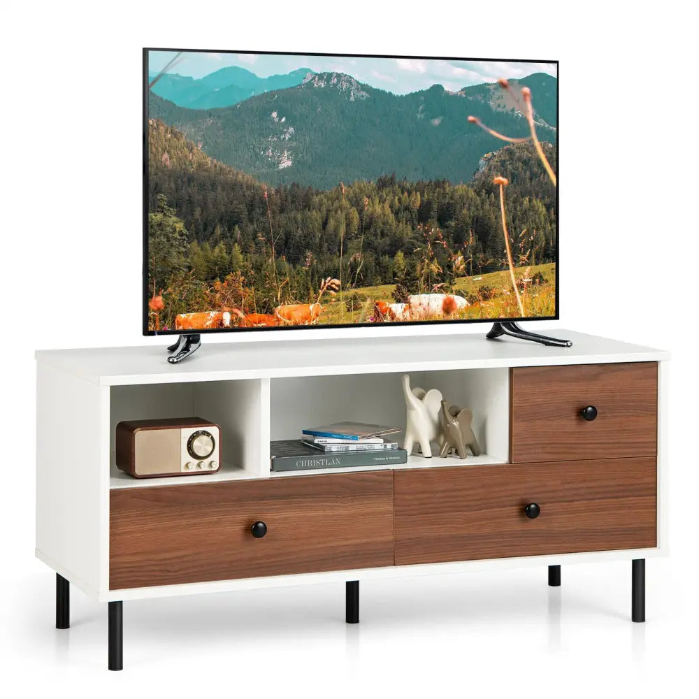 Mid-Century TV Stand for 50-inch TVs with 2 Cubbies and 3 Drawers - Brown & White - Entertainment Centers & TV Stands