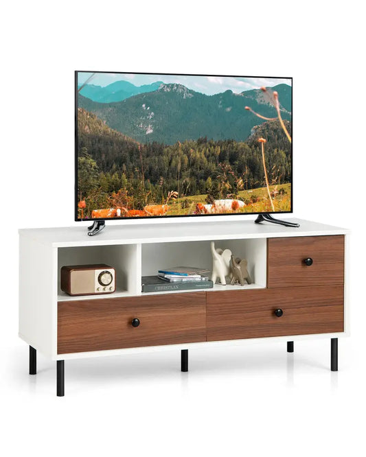 Mid-Century TV Stand for 50-inch TVs with 2 Cubbies and 3 Drawers - Brown & White - Entertainment Centers & TV Stands