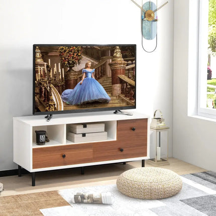 Mid-Century TV Stand for 50-inch TVs with 2 Cubbies and 3 Drawers - Brown & White - Entertainment Centers & TV Stands