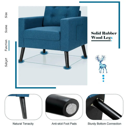 Mid-Century Upholstered Armchair Club Chair with Rubber Wood Legs-Blue - Blue - Accent Chairs