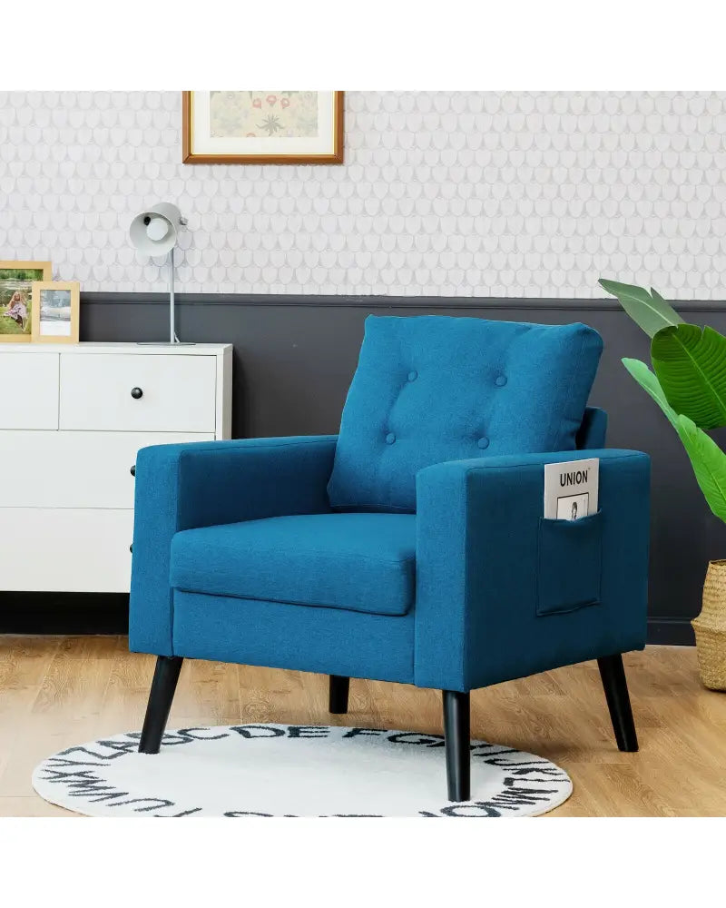 Mid-Century Upholstered Armchair Club Chair with Rubber Wood Legs-Blue - Blue - Accent Chairs