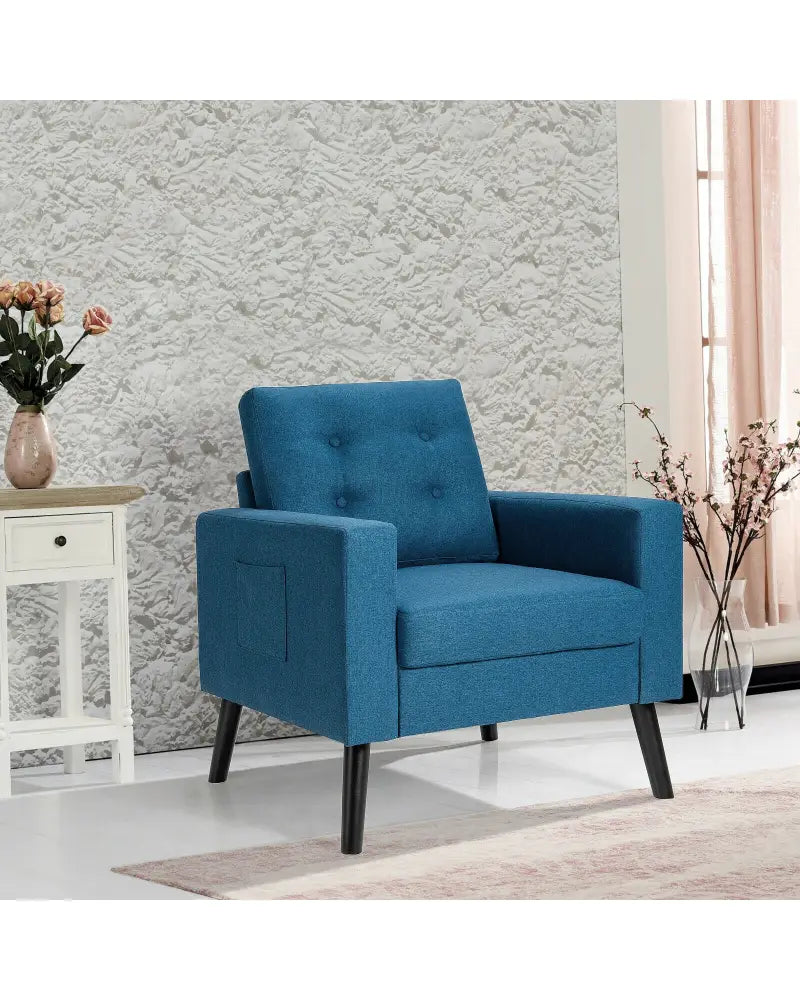 Mid-Century Upholstered Armchair Club Chair with Rubber Wood Legs-Blue - Blue - Accent Chairs