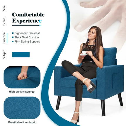 Mid-Century Upholstered Armchair Club Chair with Rubber Wood Legs-Blue - Blue - Accent Chairs