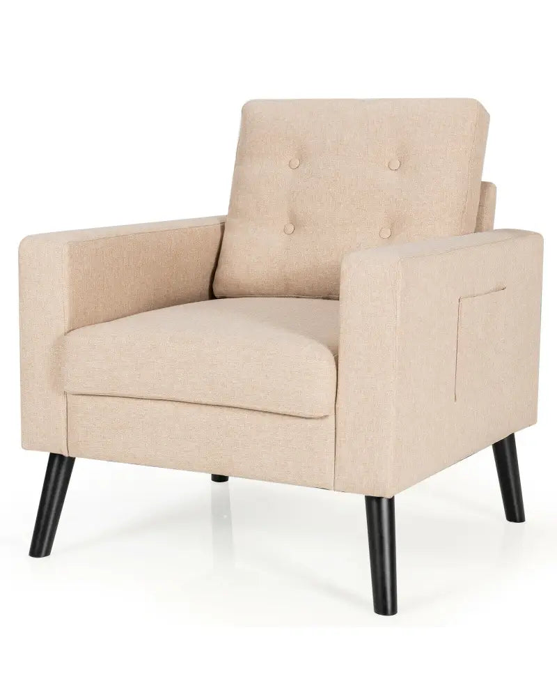 Mid-Century Upholstered Armchair Club Chair with Rubber Wood Legs-Beige - Beige - Accent Chairs