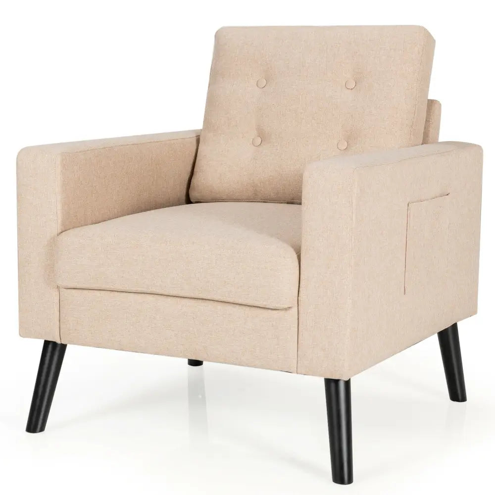 Mid-Century Upholstered Armchair Club Chair with Rubber Wood Legs-Beige - Beige - Accent Chairs