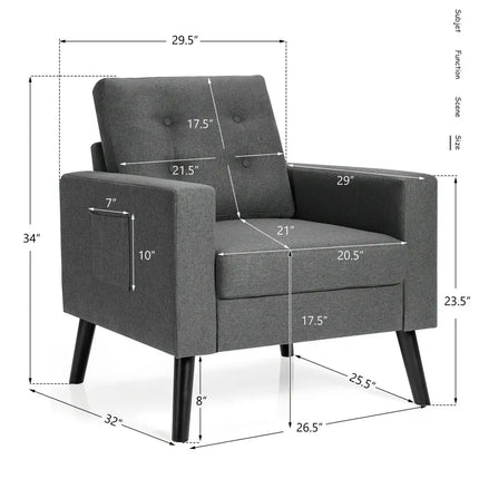 Mid-Century Upholstered Armchair Club Chair with Rubber Wood Legs-Gray - Gray - Accent Chairs