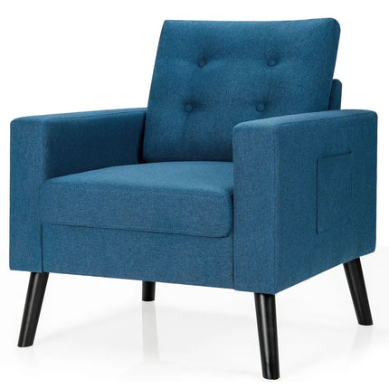 Mid-Century Upholstered Armchair Club Chair with Rubber Wood Legs-Blue - Blue - Accent Chairs