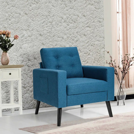Mid-Century Upholstered Armchair Club Chair with Rubber Wood Legs-Blue - Blue - Accent Chairs