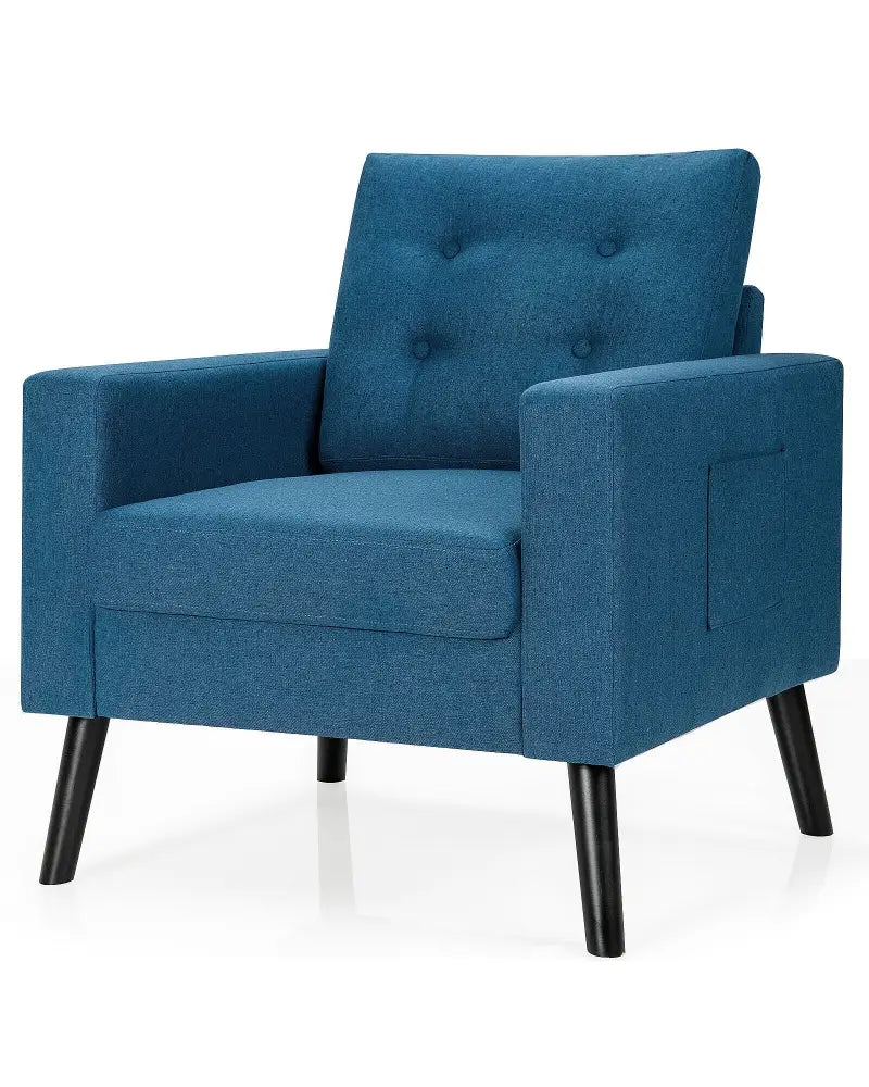 Mid-Century Upholstered Armchair Club Chair with Rubber Wood Legs-Blue - Blue - Accent Chairs